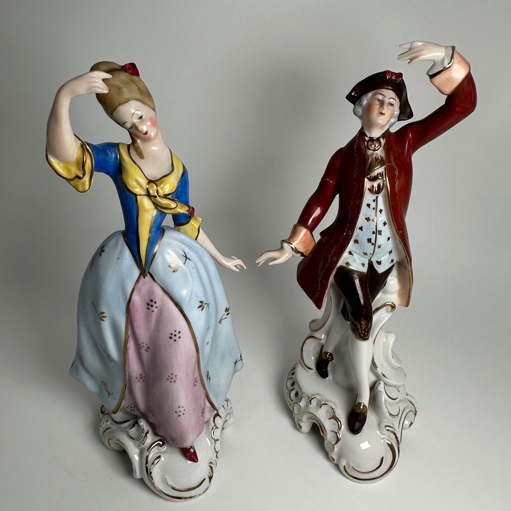 Cico Bavaria Porcelain Figurines Pair Dancers‎ Red Blue Gold Gilt Germany 10"